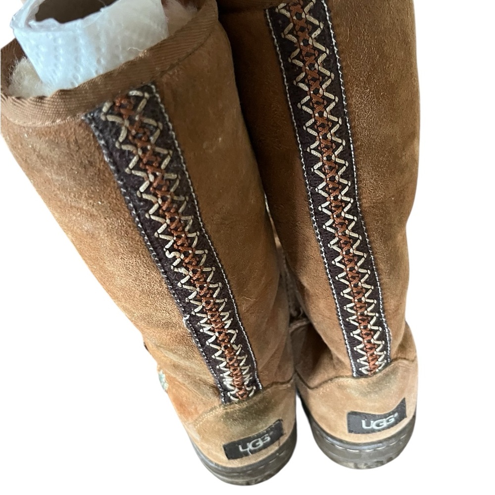 UGG Sz8 Chestnut Brown S/N 52450 Suede Tall Boots with Embroidered Details
